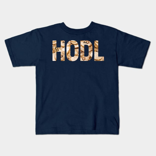 HODL text with bitcoin pattern Kids T-Shirt by Brasilia Catholic